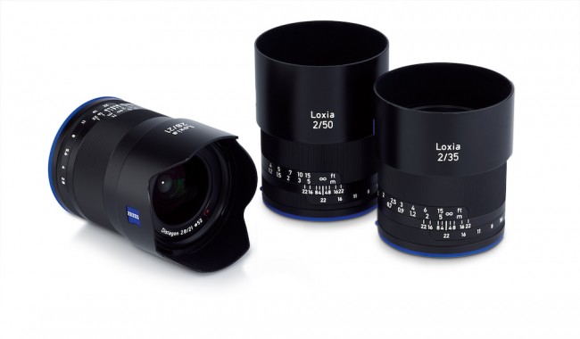 The latest ZEISS Loxia family of lenses, consisting of the ZEISS Loxia 2.8/21, ZEISS Loxia 2/35 and ZEISS Loxia 2/50.